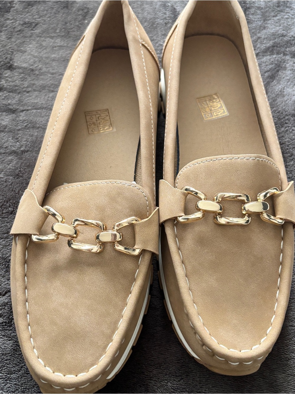 Women’s Neutral/Tan Slip-On Loafers with Gold Chain Detail
